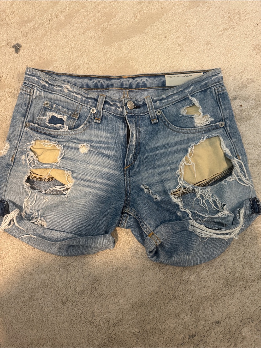 rag & bone Light Blue Distressed Denim Shorts with Cream Underlay